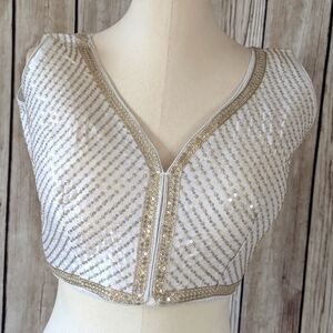 White Gold Sequin Fitted Sleeveless Crop Blouse